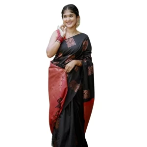 Women’s Silk Printed Saree With Unstitched Blouse 5.5Mtr (Black-Red)