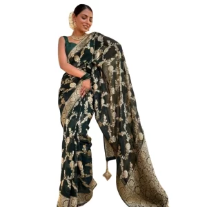 Women’s Silk Printed Saree With Unstitched Blouse 5.5Mtr (Dark Green)