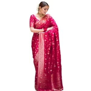Women’s Silk Printed Saree With Unstitched Blouse 5.5Mtr (Rani Pink)
