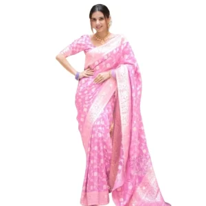 Women’s Silk Printed Saree With Unstitched Blouse 5.5Mtr (Pink)