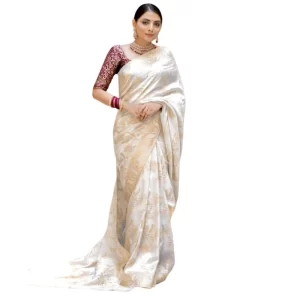 Women’s Silk Printed Saree With Unstitched Blouse 5.5Mtr (White)