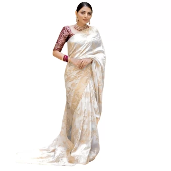 Women's Silk Printed Saree With Unstitched Blouse 5.5Mtr (White)