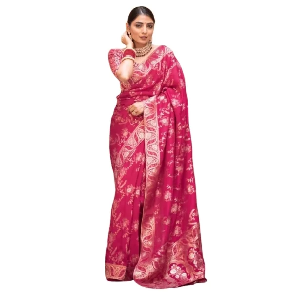 Women's Silk Printed Saree With Unstitched Blouse 5.5Mtr (Pink)