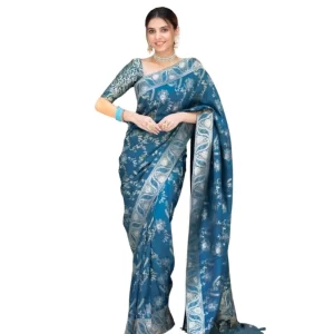 Women’s Silk Printed Saree With Unstitched Blouse 5.5Mtr (Teal Blue)