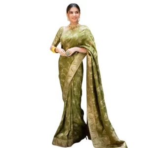 Women’s Silk Printed Saree With Unstitched Blouse 5.5Mtr (Olive Green)