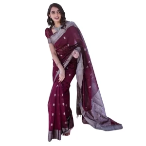 Women’s Cotton  Printed Saree With Unstitched Blouse 5.5Mtr (Maroon)