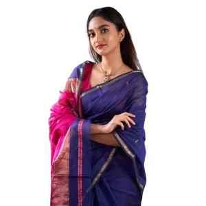 Women’s Cotton  Printed Saree With Unstitched Blouse 5.5Mtr (Blue)