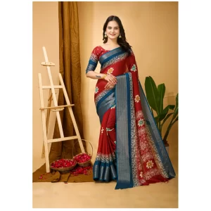 Women’s Soft Blooming Marshmallow Fabric Kalamkari Printed Saree With Unstitched Blouse 5.5Mtr (Red)