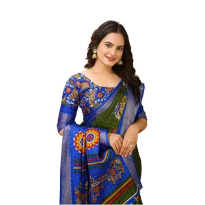 Women’s Soft Dola Cotton Kalamkari Printed Saree With Unstitched Blouse 5.5Mtr (Mehendi)