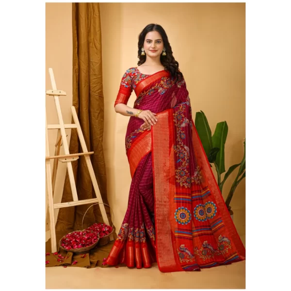 Women's Soft Dola Cotton Kalamkari Printed Saree With Unstitched Blouse 5.5Mtr (Maroon)