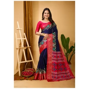 Women’s Soft Dola Cotton Kalamkari Printed Saree With Unstitched Blouse 5.5Mtr (Navy Blue)
