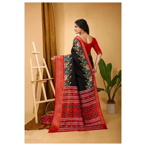 Women's Soft Dola Cotton Kalamkari Printed Saree With Unstitched Blouse 5.5Mtr (Black)