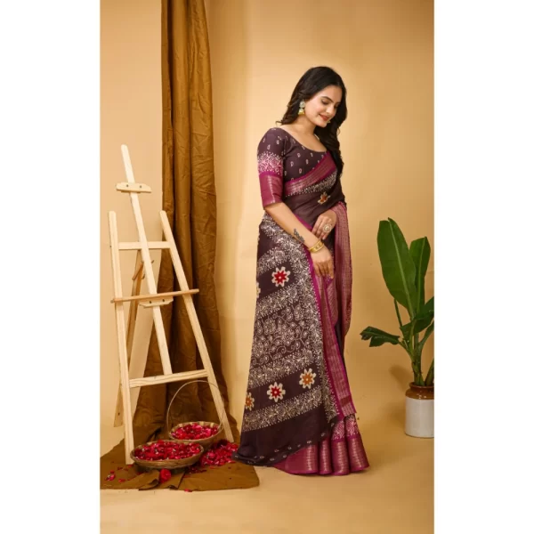 Women's Soft Blooming Marshmallow Fabric Kalamkari Printed Saree With Unstitched Blouse 5.5Mtr (Maroon)
