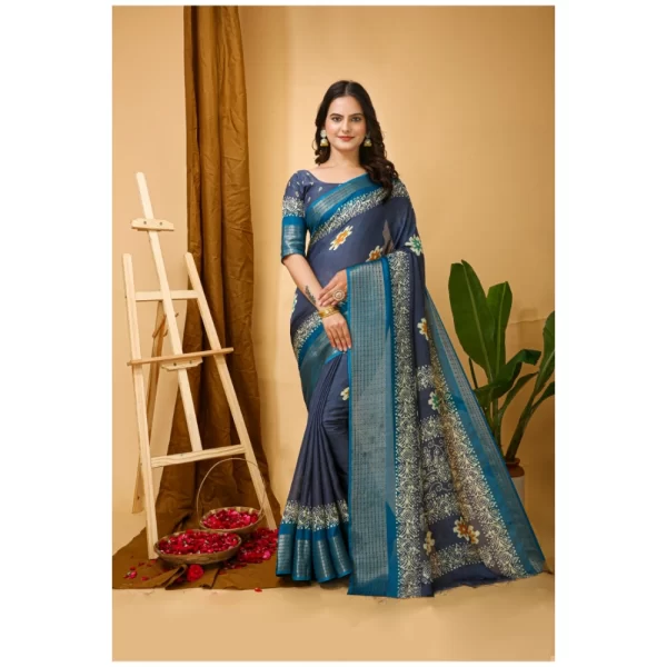 Women's Soft Blooming Marshmallow Fabric Kalamkari Printed Saree With Unstitched Blouse 5.5Mtr (Grey)