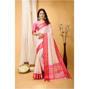 Women’s Soft Cotton Silk Printed Saree With Unstitched Blouse 5.5Mtr (Pink)