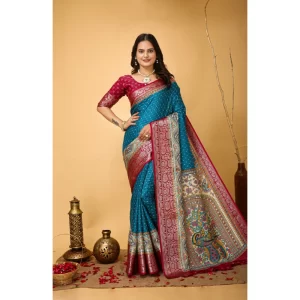 Women’s Soft Dola Cotton Kalamkari Printed Saree With Unstitched Blouse 5.5Mtr (Sky Blue)