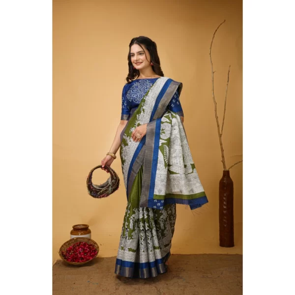 Women's Soft Handloom Cotton Kalamkari Printed Saree With Unstitched Blouse 5.5Mtr (Mehendi)