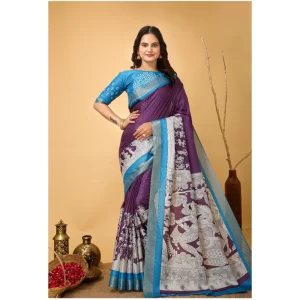 Women’s Soft Handloom Cotton Kalamkari Printed Saree With Unstitched Blouse 5.5Mtr (Purple)
