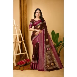 Women’s Soft Blooming Marshmallow Fabric Kalamkari Printed Saree With Unstitched Blouse 5.5Mtr (Maroon)
