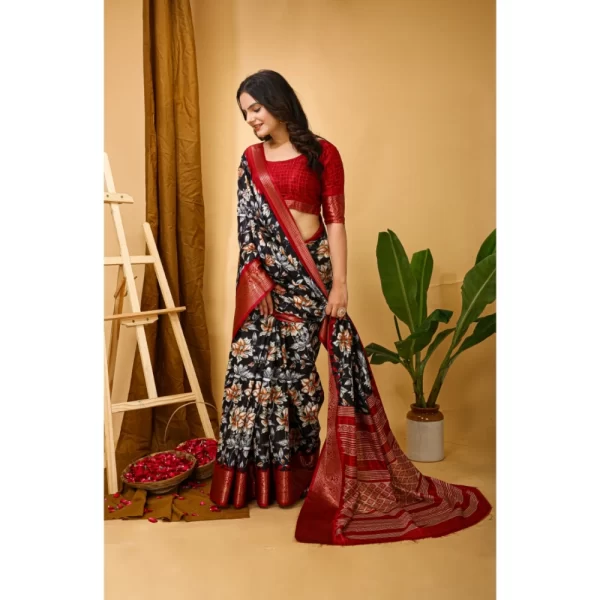 Women's Soft Dola Cotton Kalamkari Printed Saree With Unstitched Blouse 5.5Mtr (Black)