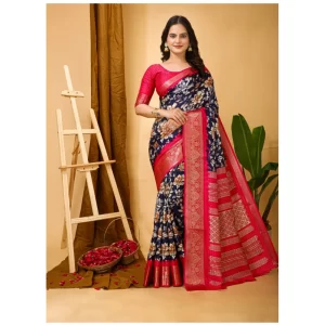 Women’s Soft Dola Cotton Kalamkari Printed Saree With Unstitched Blouse 5.5Mtr (Navy Blue)