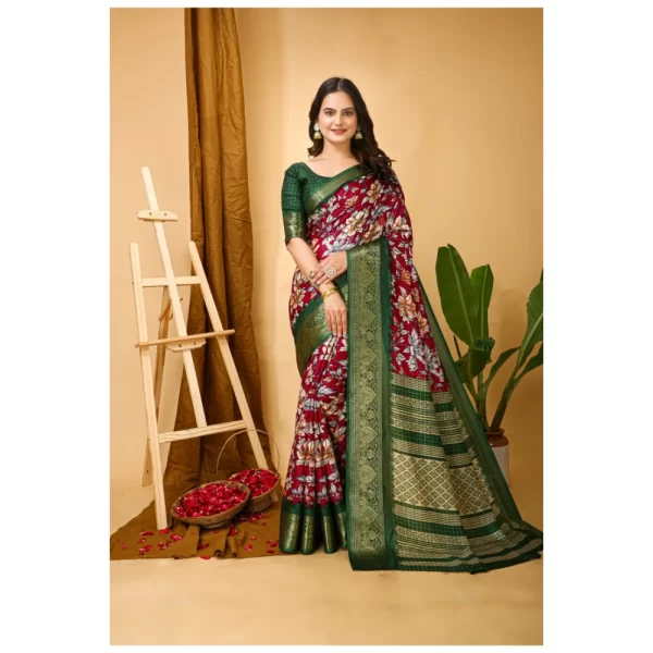 Women's Soft Dola Cotton Kalamkari Printed Saree With Unstitched Blouse 5.5Mtr (Maroon)