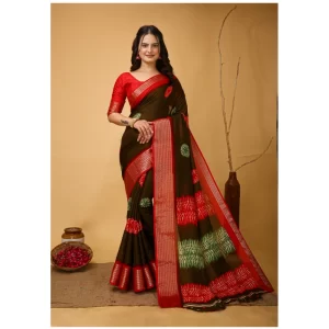 Women’s Soft Blooming Marshmallow Fabric Kalamkari Printed Saree With Unstitched Blouse 5.5Mtr (Mehendi)