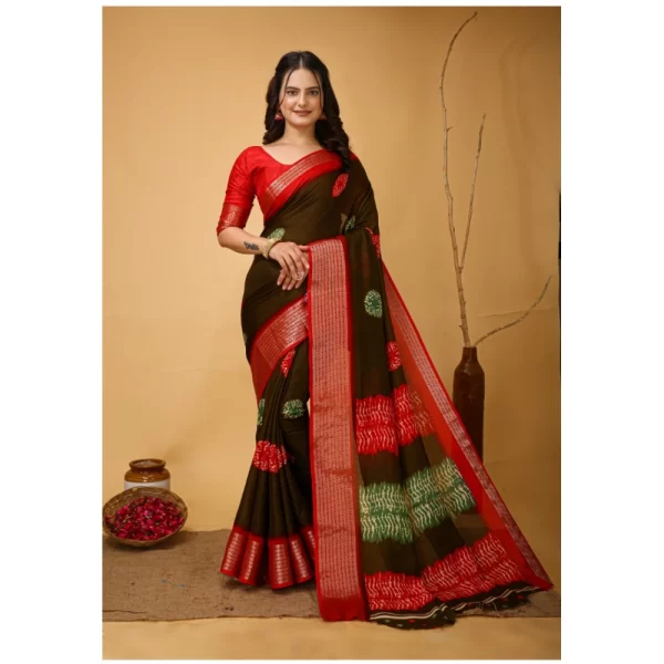 Women's Soft Blooming Marshmallow Fabric Kalamkari Printed Saree With Unstitched Blouse 5.5Mtr (Mehendi)
