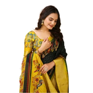 Women’s Soft Dola Cotton Kalamkari Printed Saree With Unstitched Blouse 5.5Mtr (Green)