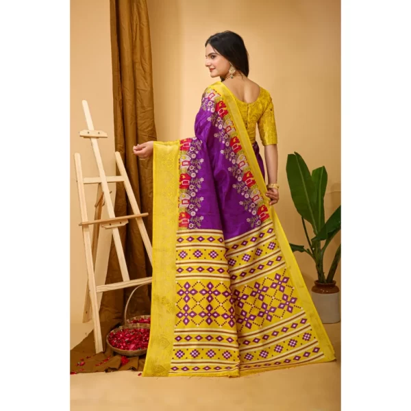 Women's Soft Dola Cotton Kalamkari Printed Saree With Unstitched Blouse 5.5Mtr (Purple)