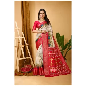 Women’s Soft Dola Cotton Kalamkari Printed Saree With Unstitched Blouse 5.5Mtr (White)