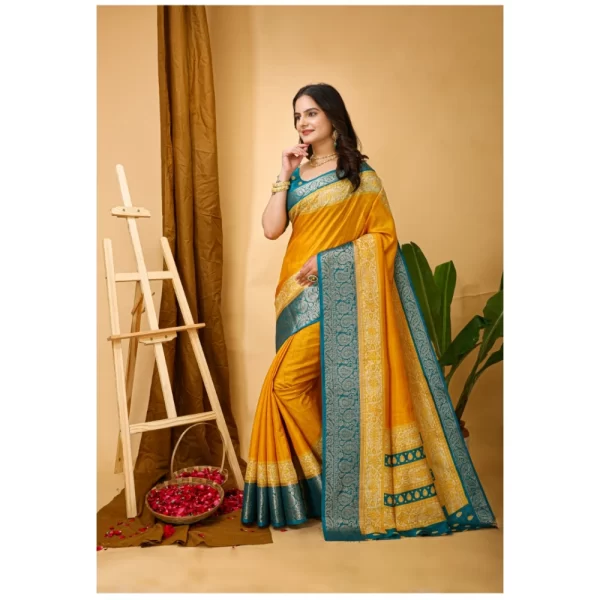 Women's Soft Dola Cotton Kalamkari Printed Saree With Unstitched Blouse 5.5Mtr (Yellow)