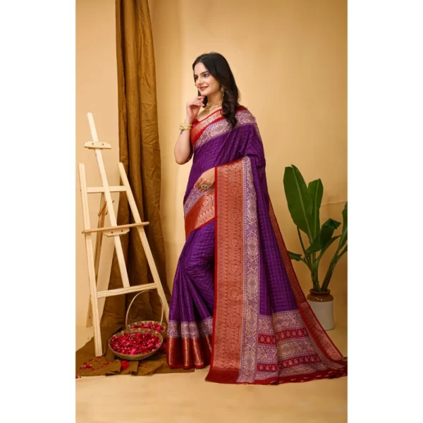 Women's Soft Dola Cotton Kalamkari Printed Saree With Unstitched Blouse 5.5Mtr (Purple)