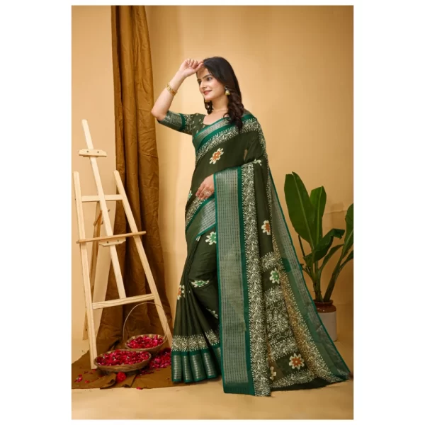 Women's Soft Blooming Marshmallow Fabric Kalamkari Printed Saree With Unstitched Blouse 5.5Mtr (Green)
