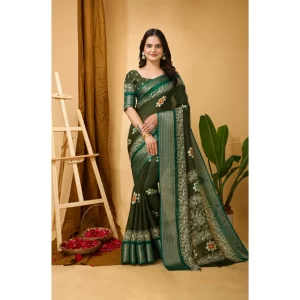 Women’s Soft Blooming Marshmallow Fabric Kalamkari Printed Saree With Unstitched Blouse 5.5Mtr (Green)