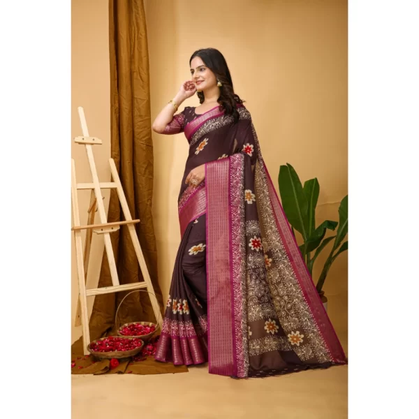 Women's Soft Blooming Marshmallow Fabric Kalamkari Printed Saree With Unstitched Blouse 5.5Mtr (Maroon)