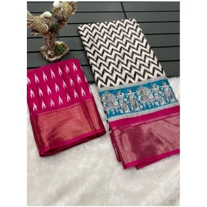 Women’s Soft Dola Cotton Kalamkari Printed Saree With Unstitched Blouse 5.5Mtr (Pink)
