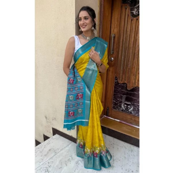 Women's Soft Dola Cotton Kalamkari Printed Saree With Unstitched Blouse 5.5Mtr (Mustard)