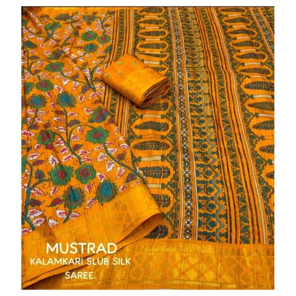 Women's Soft Dola Cotton Kalamkari Printed Saree With Unstitched Blouse 5.5Mtr (Yellow)