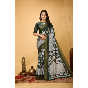 Women’s Soft Handloom Cotton Kalamkari Printed Saree With Unstitched Blouse 5.5Mtr (Green)