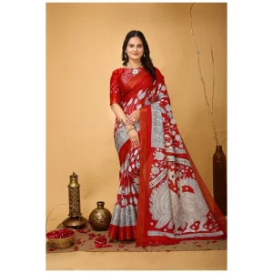 Women’s Soft Handloom Cotton Kalamkari Printed Saree With Unstitched Blouse 5.5Mtr (Red)