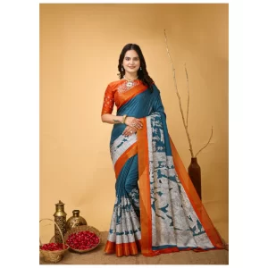 Women’s Soft Handloom Cotton Kalamkari Printed Saree With Unstitched Blouse 5.5Mtr (Teal Blue)