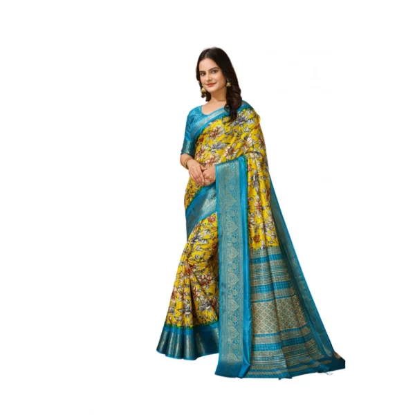 Women's Soft Dola Cotton Kalamkari Printed Saree With Unstitched Blouse 5.5Mtr (Yellow)