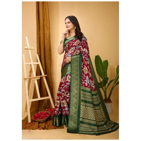 Women's Soft Dola Cotton Kalamkari Printed Saree With Unstitched Blouse 5.5Mtr (Maroon)