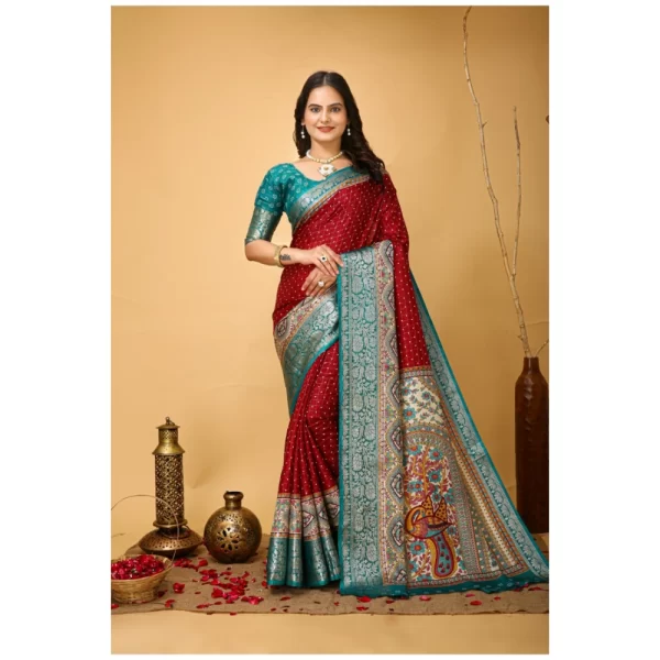 Women's Soft Dola Cotton Kalamkari Printed Saree With Unstitched Blouse 5.5Mtr (Red)