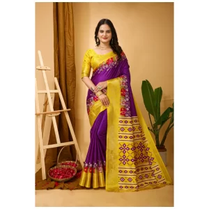 Women’s Soft Dola Cotton Kalamkari Printed Saree With Unstitched Blouse 5.5Mtr (Purple)