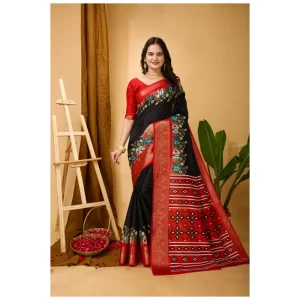 Women’s Soft Dola Cotton Kalamkari Printed Saree With Unstitched Blouse 5.5Mtr (Black)