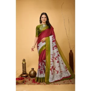 Women’s Soft Handloom Cotton Kalamkari Printed Saree With Unstitched Blouse 5.5Mtr (Maroon)