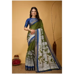 Women’s Soft Handloom Cotton Kalamkari Printed Saree With Unstitched Blouse 5.5Mtr (Mehendi)