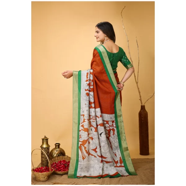 Women's Soft Handloom Cotton Kalamkari Printed Saree With Unstitched Blouse 5.5Mtr (Orange)